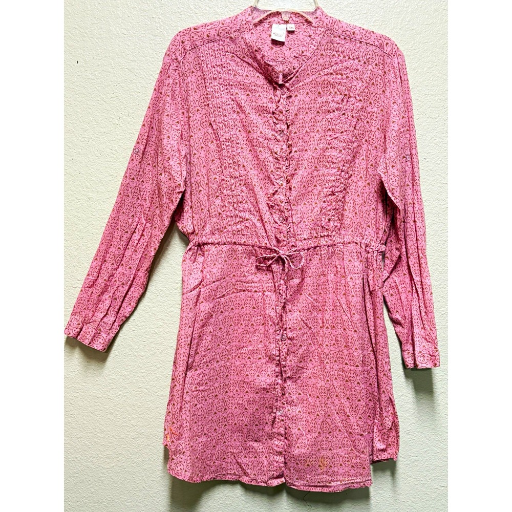 YO BABY Cotton Paisley Shirt Dress V-Neck Button Long Sleeve XXL
